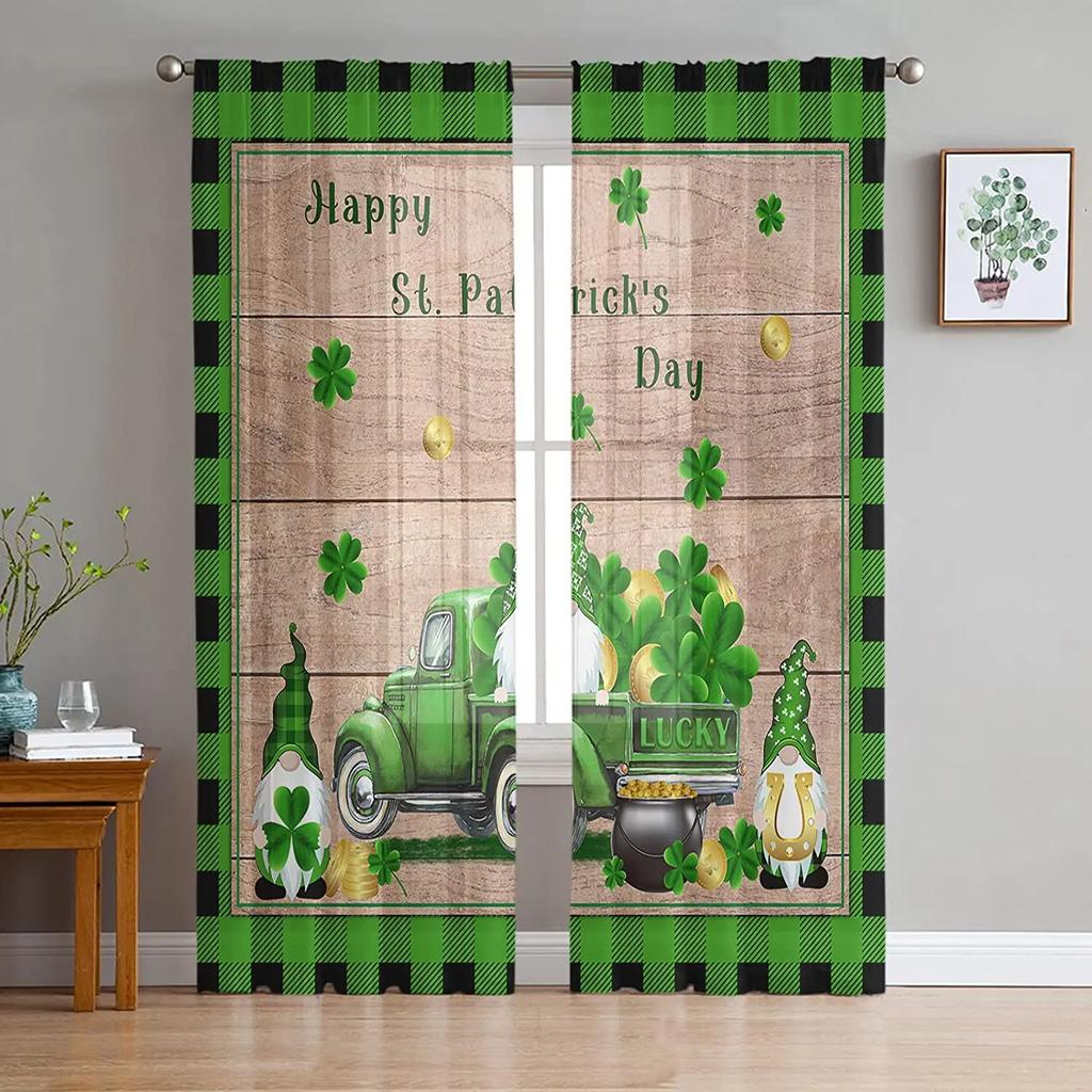 St Patrick Day Curtains Shamrocks Gold Beer Hat Voile Curtain Green Lucky Leaves Window Drapes Bedroom Living Room Sheer For Area Made Of Polyester