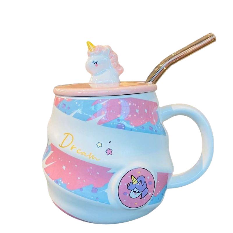 Einhorn Regenbogen Keramiktasse mit Deckel & Löffel - Niedliche Trinktasse für Mädchen