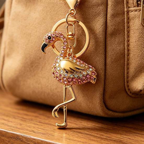 Keychain Pendant Sparkling Rhinestones Inlaid Flamingo Design Key Holder with Anti-Oxidation Lobster Clasp Lightweight Bags Car Decoration