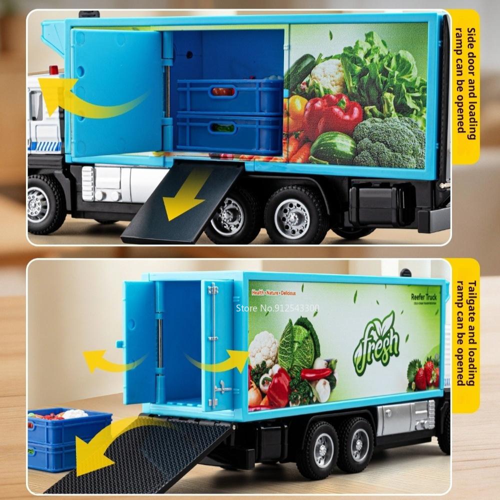 1:50 Vegetable And Fruit Refrigerated Truck Dust Suppression Spray Car Model Toy Pull Back Simulation Vehicles Desktop Ornament