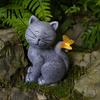 Handmade Stone Texture Decor Solar Cat Garden Statue, Cute Sculpture with Butterfly Light, Weather Resistant Yard Art Waterproof Resin Animal