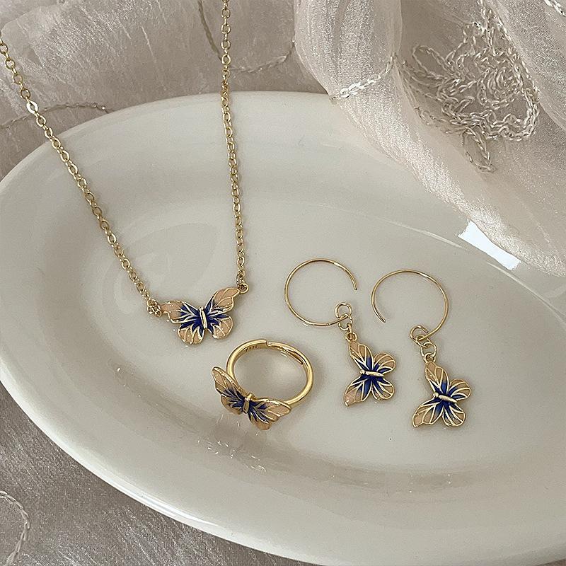 French Retro Oil Drop Butterfly Metal Necklace Female Design Sense Niche Personality Simple Temperament Fashion Earrings Ring