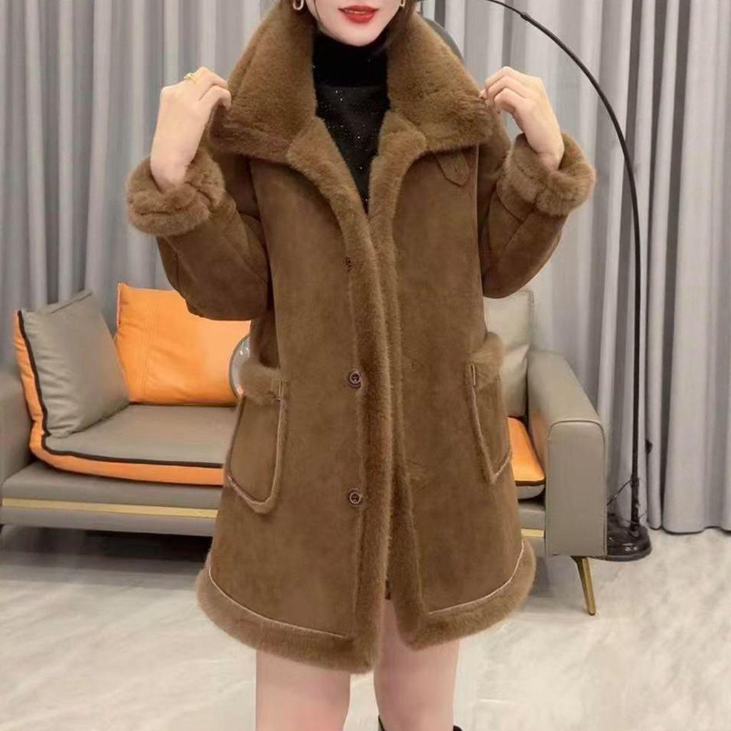 Women's Warm Leather & Fur Jacket - Autumn/Winter Long Sleeve Lapel