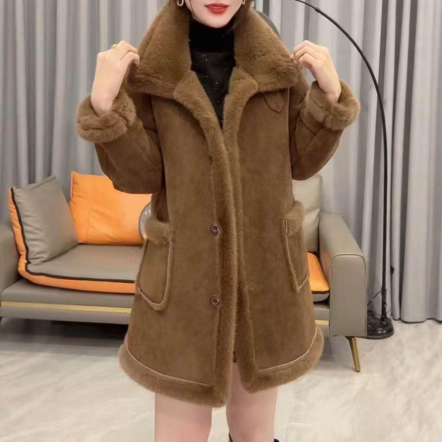 

Женская теплая кожаная куртка с мехом - Осень/Зима, длинный рукав, лацканы 4XL (Recommended for 145-160 jin)