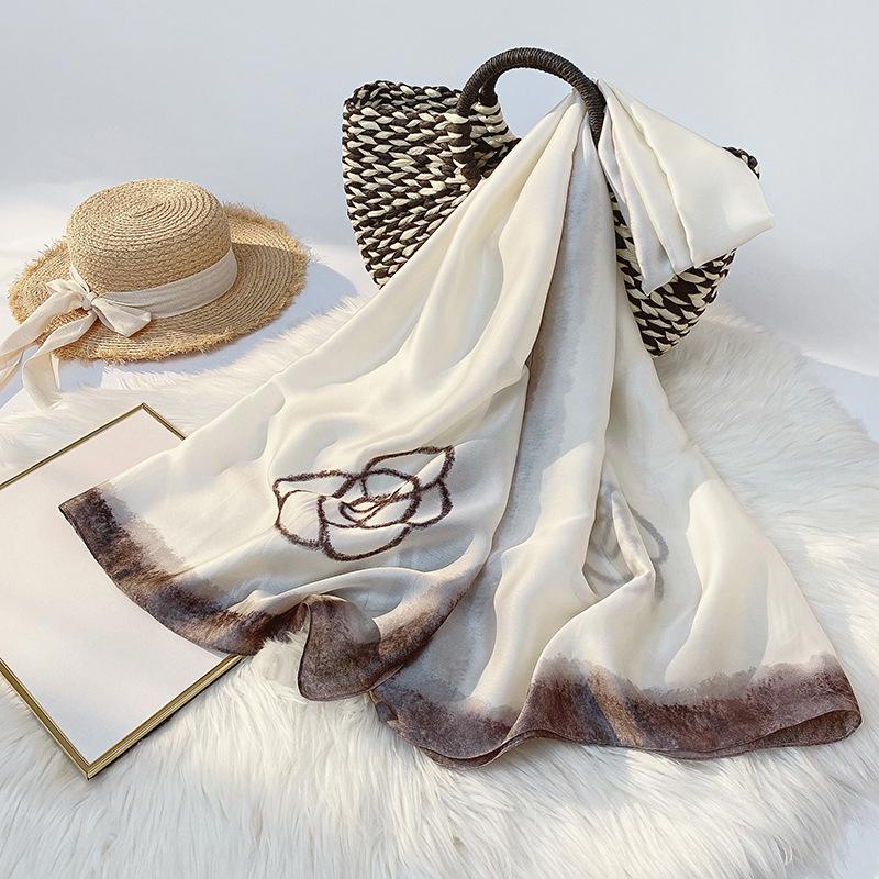 Silky  Scarf Color Contrast Satin Scarf Flower Printed Sunscreen Mid-length Scarf