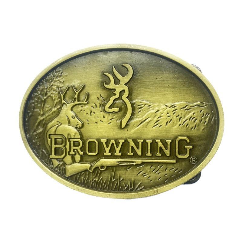 Oval Western Cowboy Deer Belt Buckle - Browning Design, Smooth Plate 4.0