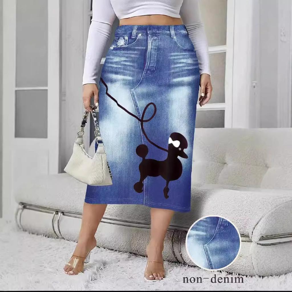 Women's Spring Autumn Elegant Modest Plus Size Skirts Fashion Women Silm Fit Dress Imitation Denim Print Bag Hip Skirt