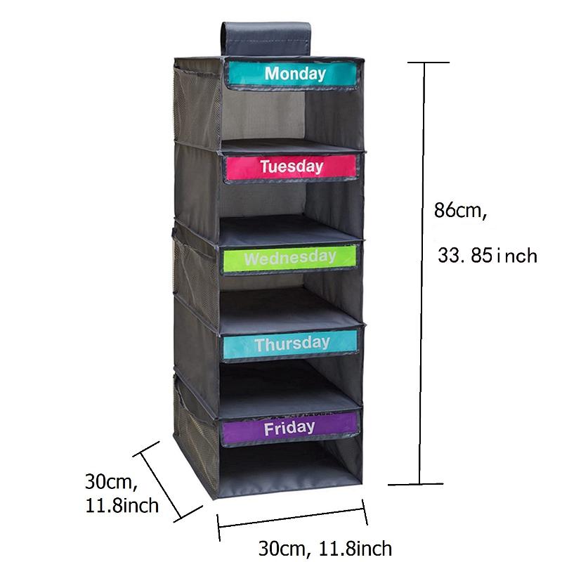 5-Shelf Weekly Clothes Organizer Kids Daily Shelf Hanging Closet Organizer Days Of The Week Hanging Storage Shelves For Kids