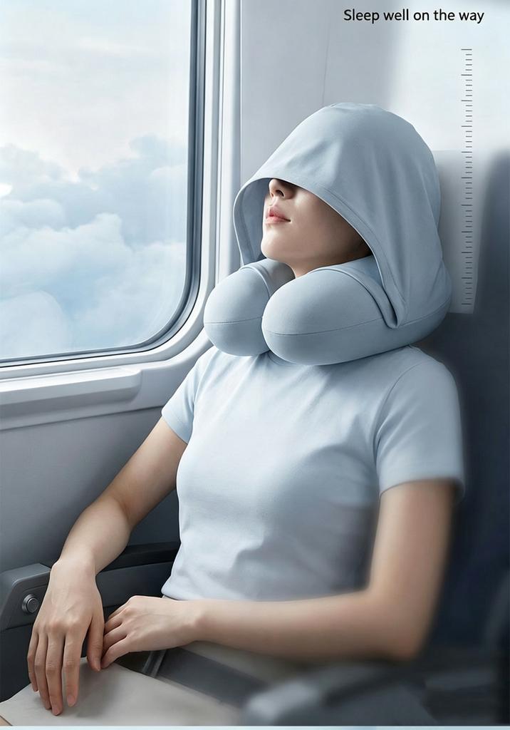 Summer Ice Silk Hooded U-shaped Neck Pillow Portable Neck Support Pillow Travel Car Plane Office Napping Sleep Rest Cushion