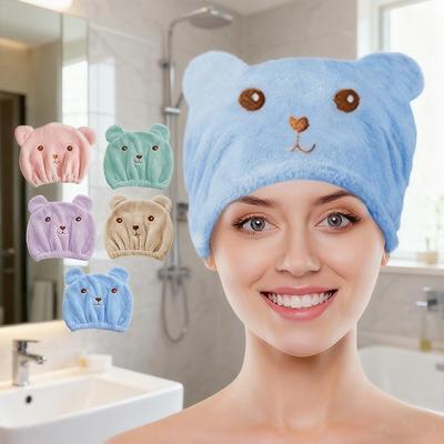 Quick-Drying Absorbent Hair Drying Cap for Women - Thick Microfiber, Cute Bear Embroidery, Shower Head Towel