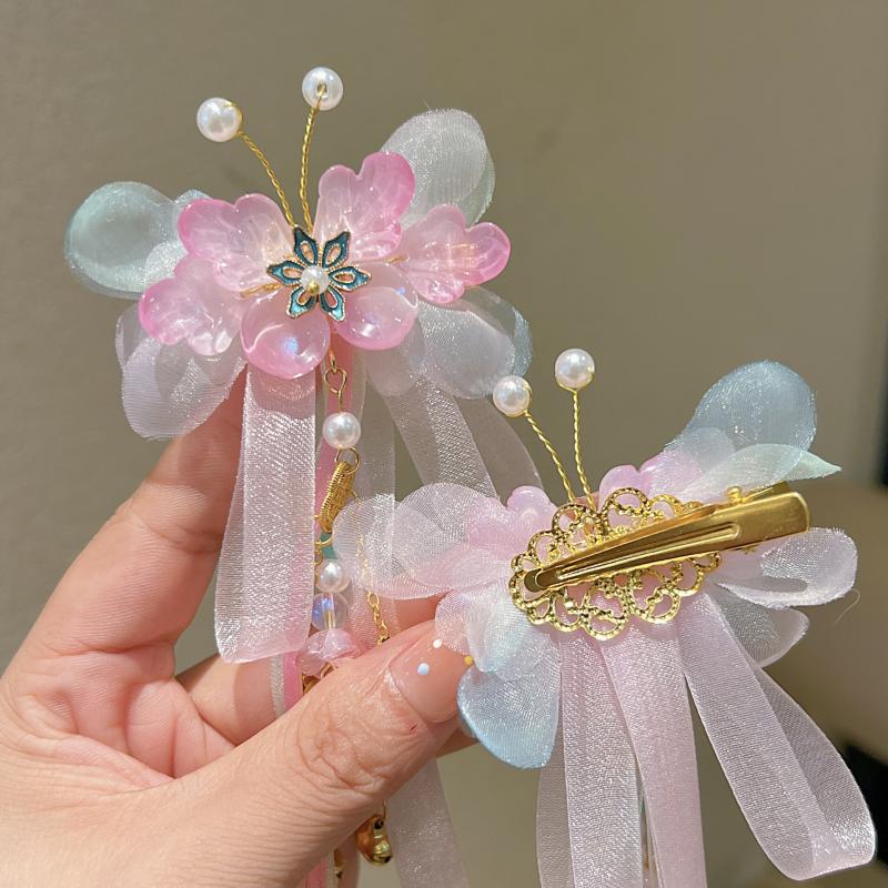 1 Pair Ancient Chinese Hanfu Girl'S Tassel Hair Clip Princess Style Flowing Silk Hairpin Adorable Headwear For Little Girls