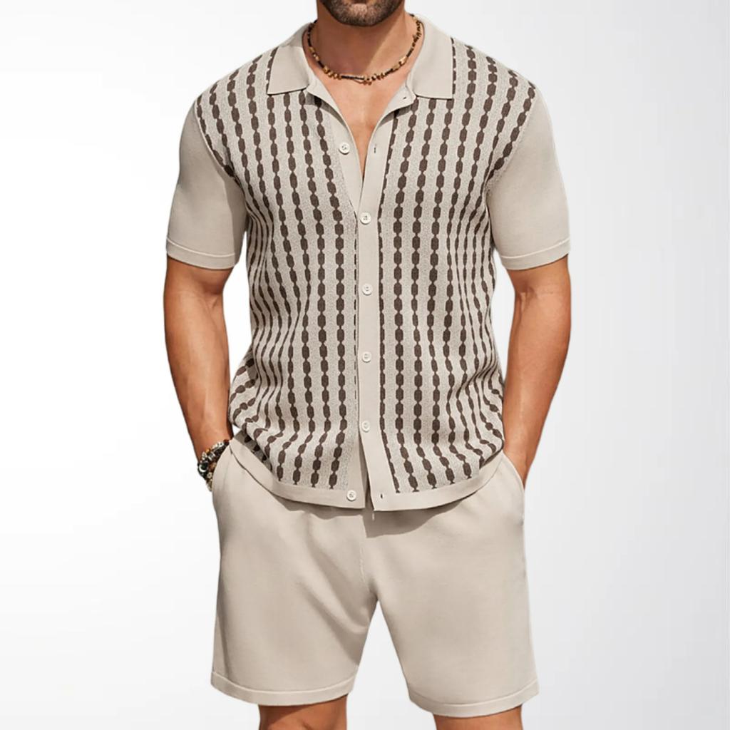 Herr 2-delade Outfits Sommar Korta Set Vintage Stickad Knäppning Skjorta Kortärmad Pikétröja Avslappnade Strandkostymer Skjorta Topp och Shorts Matchande Set för Herr