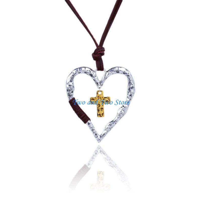HX6F Crucifix Charm Pendant Necklace Heart Love Crucifix Chain Jewellery Unique Des CN