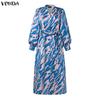 VONDA Oversized Women Casual V Neck Long Sleeve Floral Print Belt Smooth Loose Dress