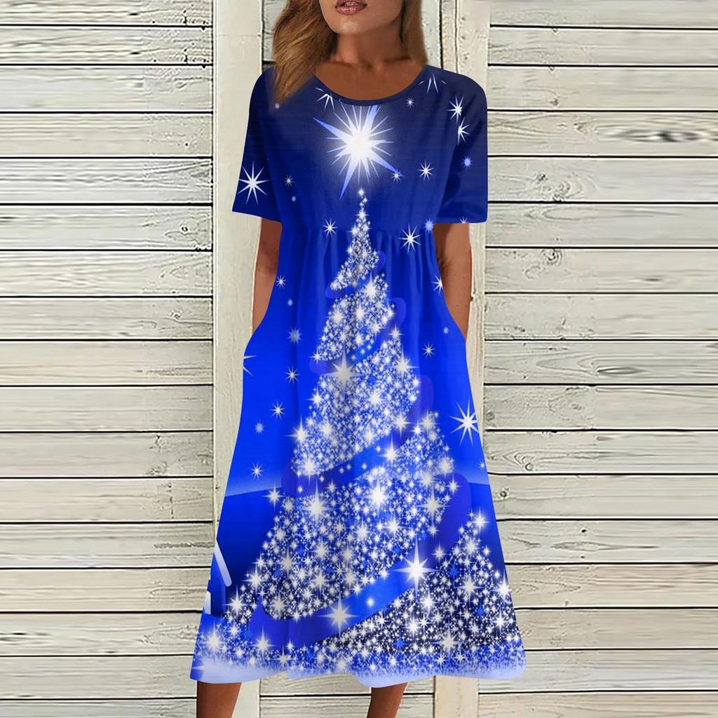 Women's Casual Fashion Christmas Print O-neck Dress