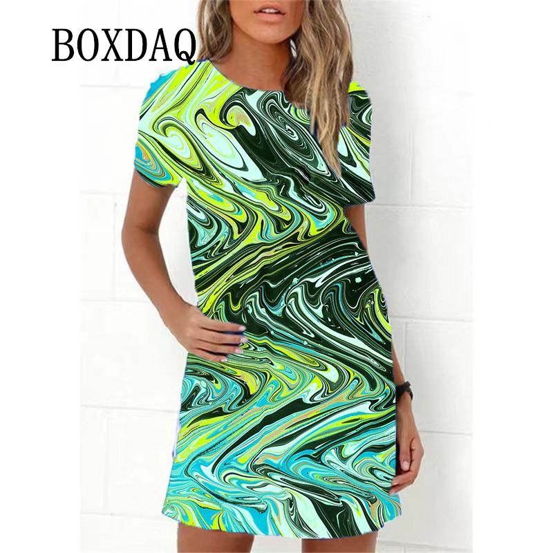 Gradient Colorful Flame Print Women Dresses Fashion Short Sleeve Loose A-Line Dress Oversized Summer Casual Beach Party Sundress
