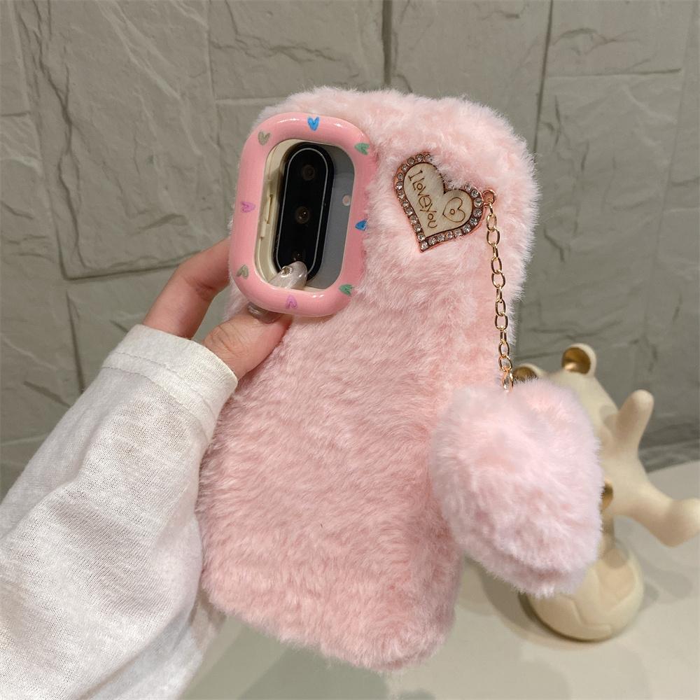 Kawaii Sweet Fluffy Soft Plush Toy Phone Case for SamSung Galaxy S26 Ultra S25 S23 A57 A56 Heart Charm Pom Pom Pendant Cover