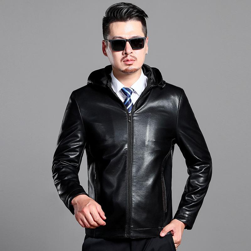 Autumn and winter leather jackets for men, casual hooded sheepskin jackets for middle-aged men