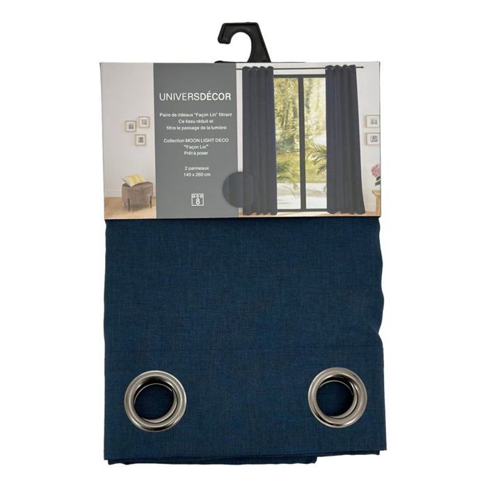Pair of "Moonlight" Linen Effect Eyelet Curtains In Midnight Blue