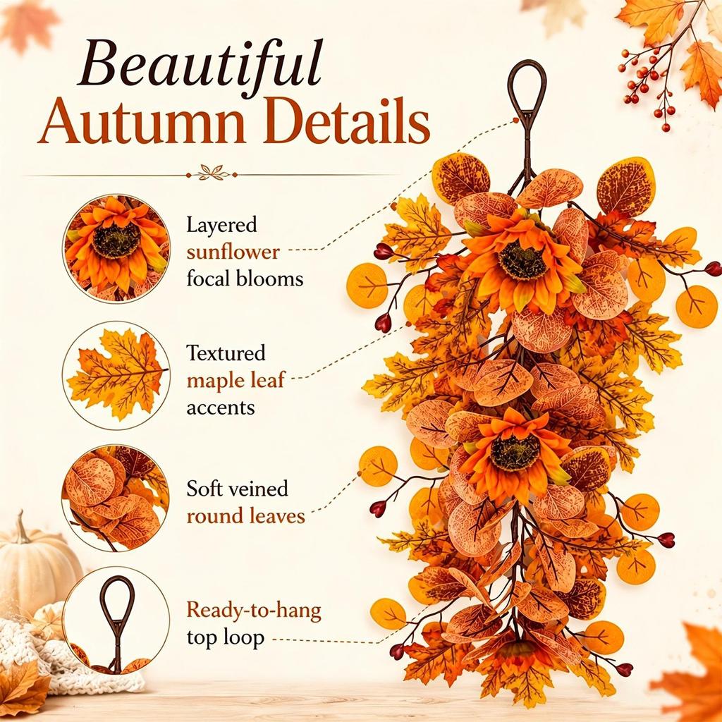 16cm Autumn Artificial Sunflower Door Hanging Wreath Harvest Style Faux Maple Eucalyptus Leave Shaped Berries  Fall Wall Decor