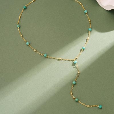 Factory  S925 Sterling Silver Y-shape Turquoise Sweater Chain Necklace for Women Dainty Daily Wear Necklace Jewelry