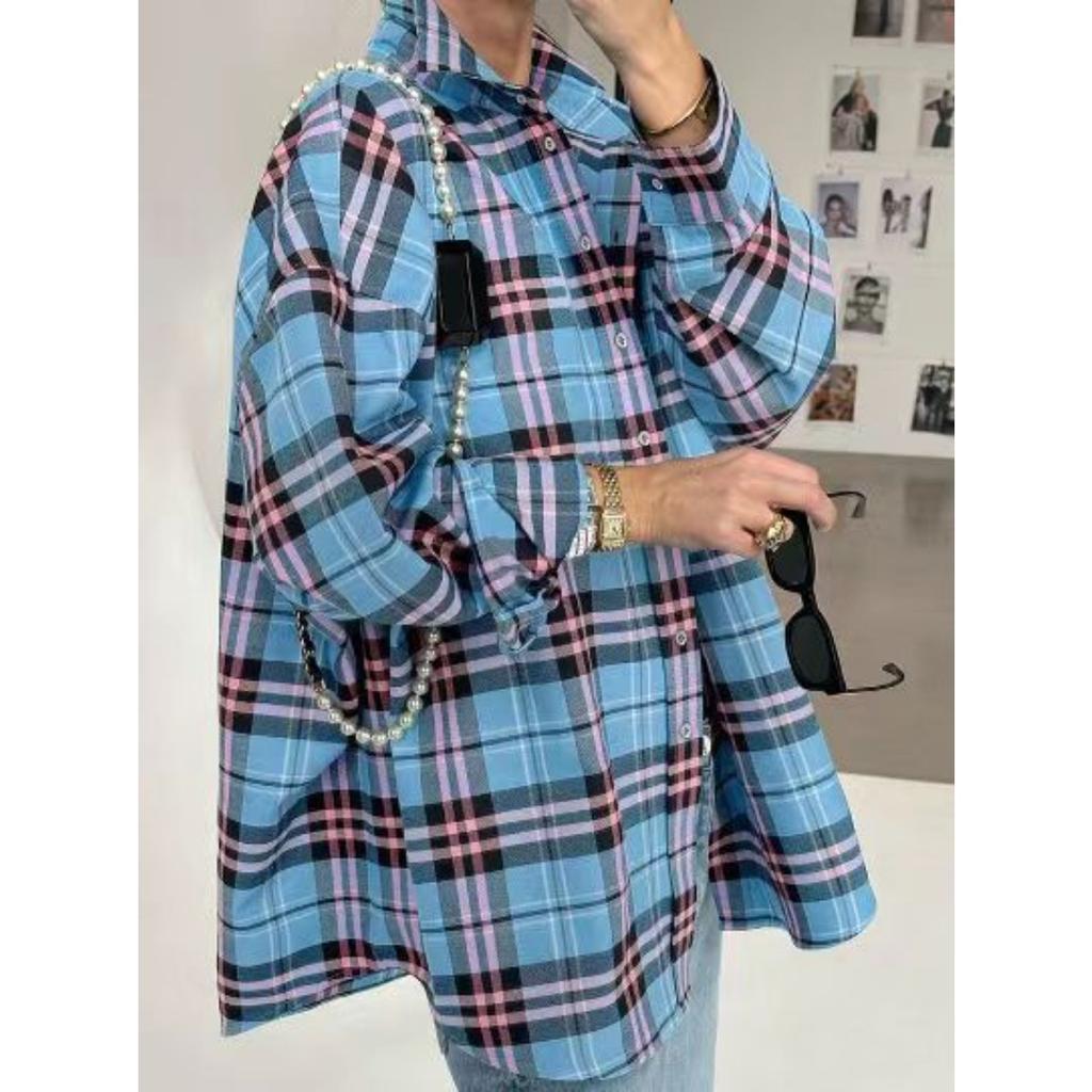Women's Point Collar Long Sleeve Plaid Shirt Loose Fit Streetwear Blouse With Chest Pocket Spring Casual Oversized Tunic Shirt