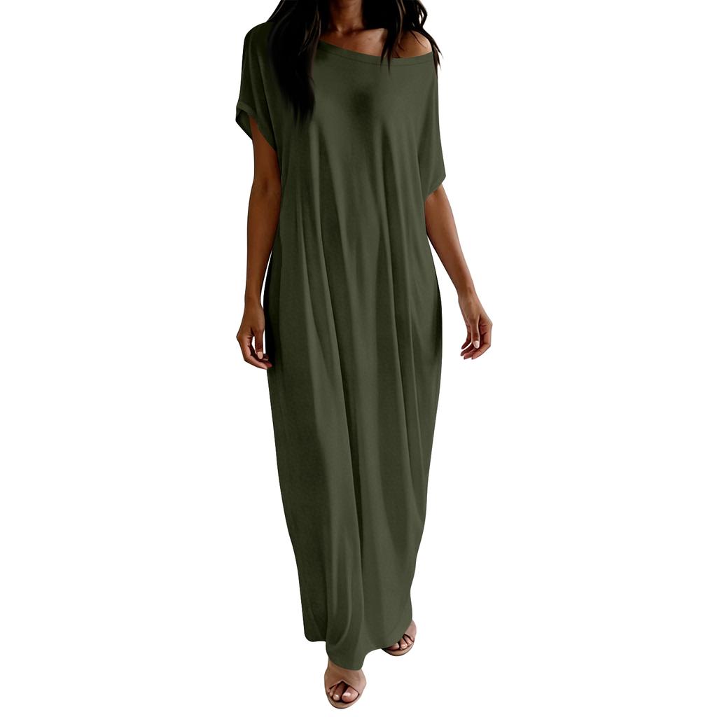 Loose Fit Maxi Dress for Women Casual Short Sleeve Crew Neck Long Dress Soft Fabric Simple Solid Design