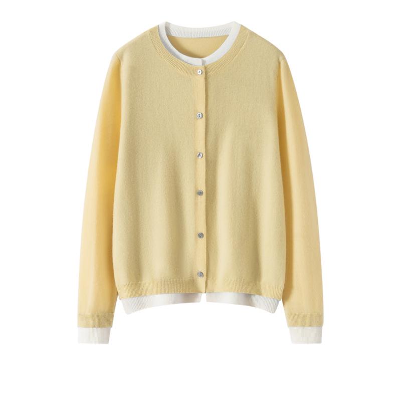 Women's Designer-Style Cashmere Cardigan: Round Neck, Color-Block, Faux Two-Piece Sweater