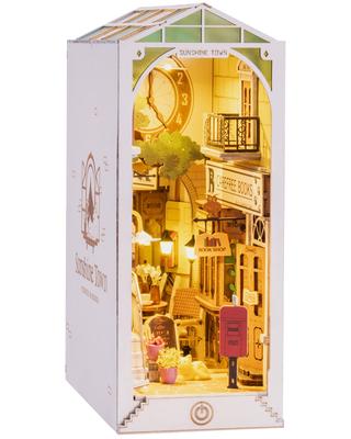 Robotime Drewniana Puzzle 3D DIY Drewniana Wnęka Książkowa Zestaw ze Stojakiem na Książki i LED Miniaturowy Dom Boże Narodzenie Urodziny Prezent Światło, Zestaw, (Słoneczne Miasto)