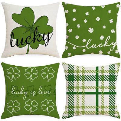 St. Patrick's Day Pillow Cover Four-leaf Crop Line Print Home Sofa Pillow Cover