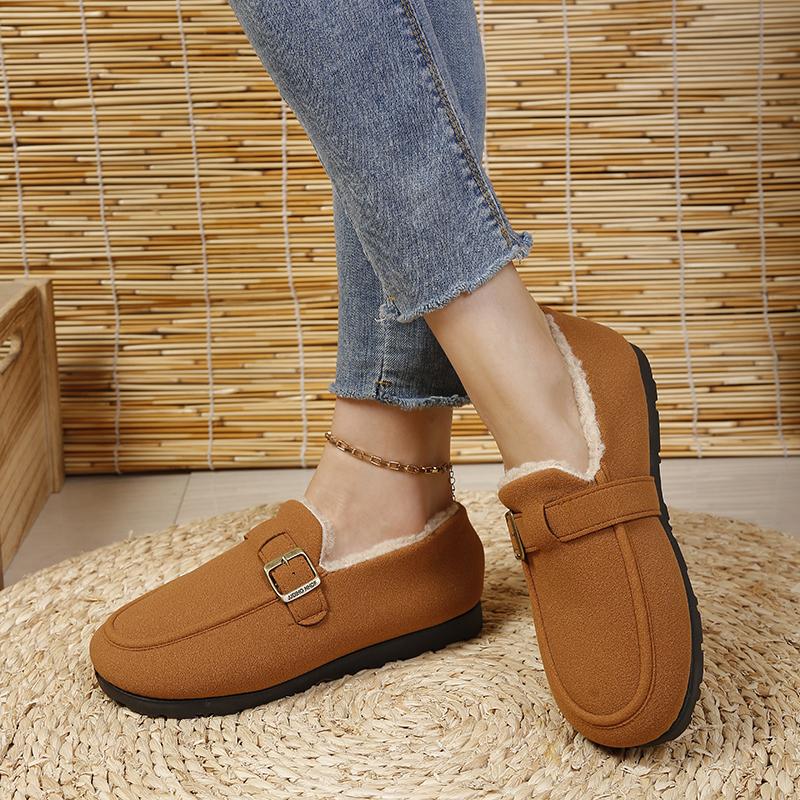 Winter Women's Warm Plush Loafers with Buckle Decoration, Plush Lining, Flat Sole, Comfortable and Casual Daily Shoes