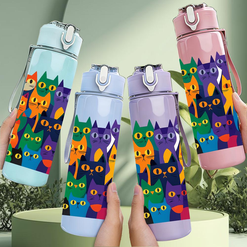 1PC Multi Color Cat Group Collage 750ml Color Plastic Sports Water Bottle Leakproof Flip Straw Lid For Sports Office Home Use