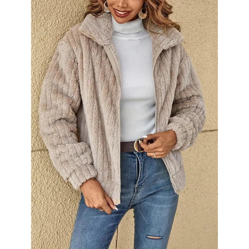 Women's Winter Long Sleeve Lapel Zipper Plush Jacket