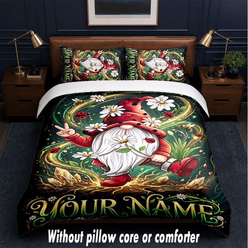 Gnome Theme Custom Text Or Name 3Pcs Bedding Set,1 Flat Sheet & 2 Pillowcases Personalized Home Bedding