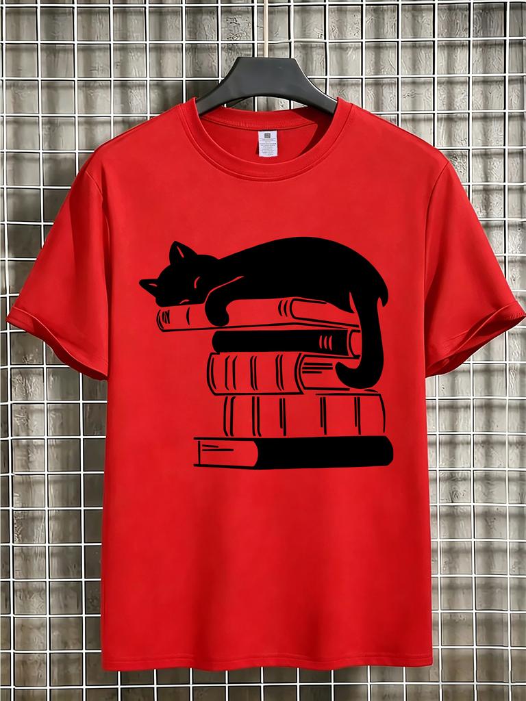 Unisex Red Tee Sleeping Cat Book Silhouette Print Crew Neck Short Sleeve Summer Literary Casual Male Daily Street Cotton Wear