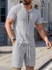Mens Linen Hooded Short Sleeve Top And Shorts Set Summer Casual Beach
