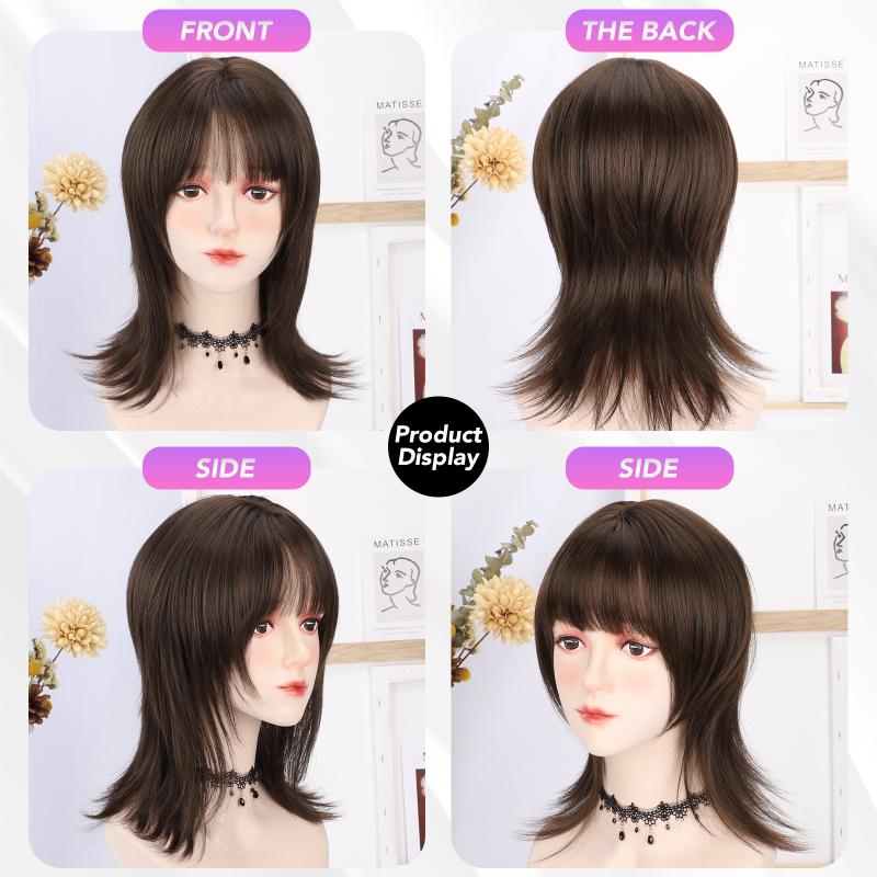 16 Inch Straight Bangs Wig Fiber Synthetic Wig Heat-resistant Non-Glare Natural Cosplay Hairpiece For Women Daily Use Korean Fashion