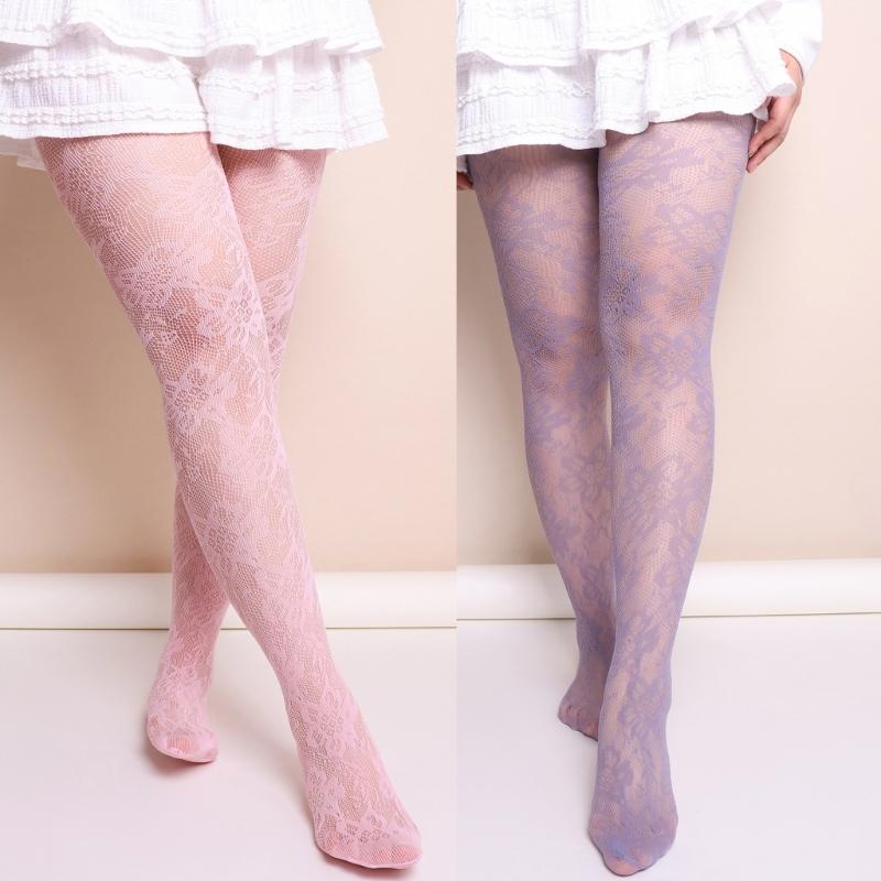 Elegant Hollowed Out Lace Fishnet Stockings with Flower Patterned Aesthetic See Through Mesh Tights Pantyhose for Women