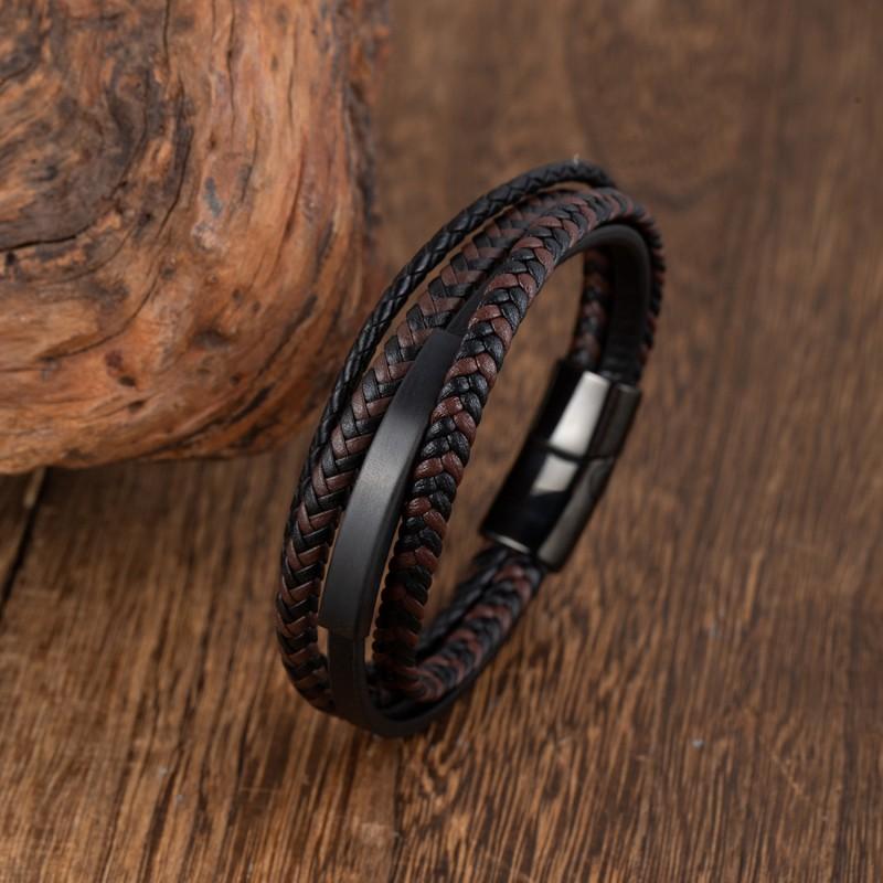 Mens Multi-Layer Leather Bracelet With Magnetic Clasp Geometric Design Minimalist Woven Style