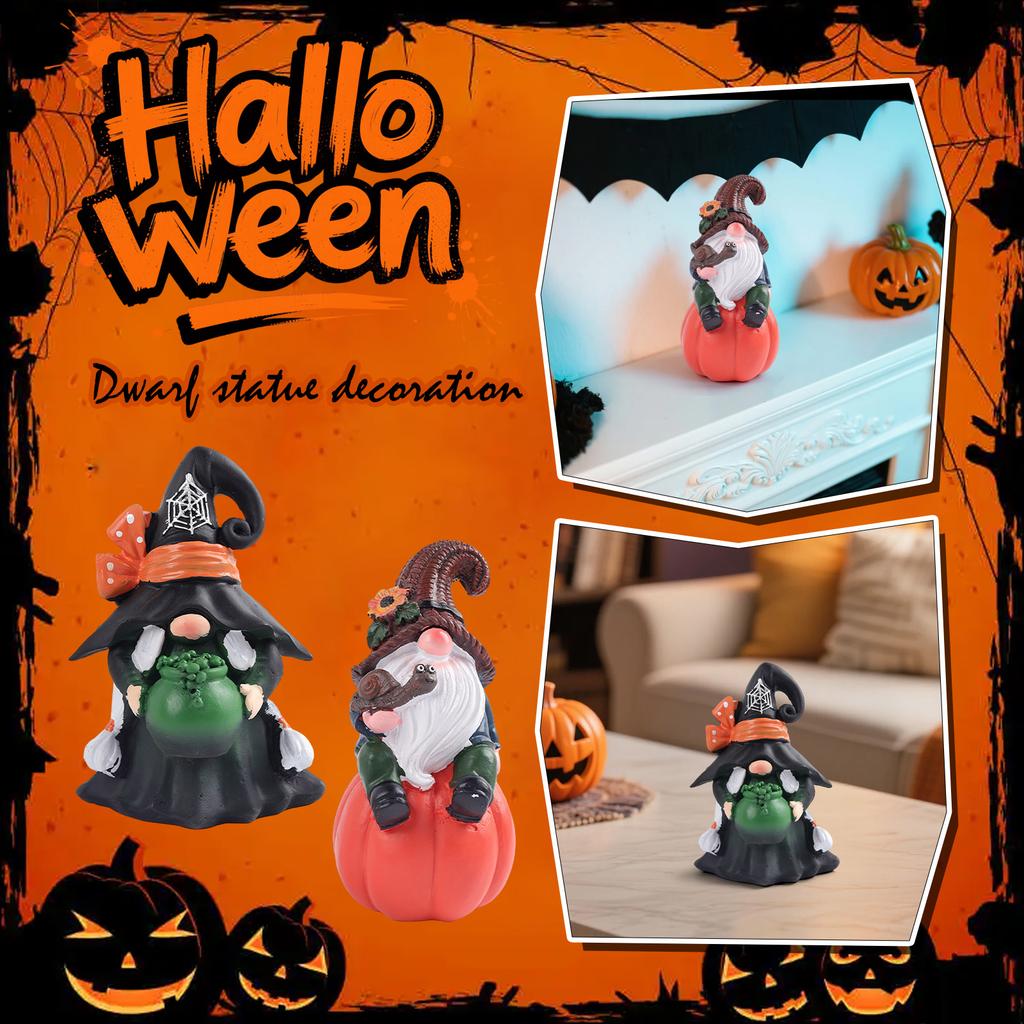 Halloween Gnome Witches Decoration, Black With Orange Bows, Handmade Table Decor With Cauldron, Spooky Resin Statue Scandinavian Gnomes