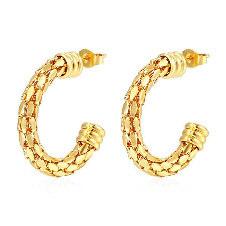 European and American Fashion Mesh Chain Round Stainless Steel Earrings Women's Trend 18K Gold Light Luxury Versatile Earrings