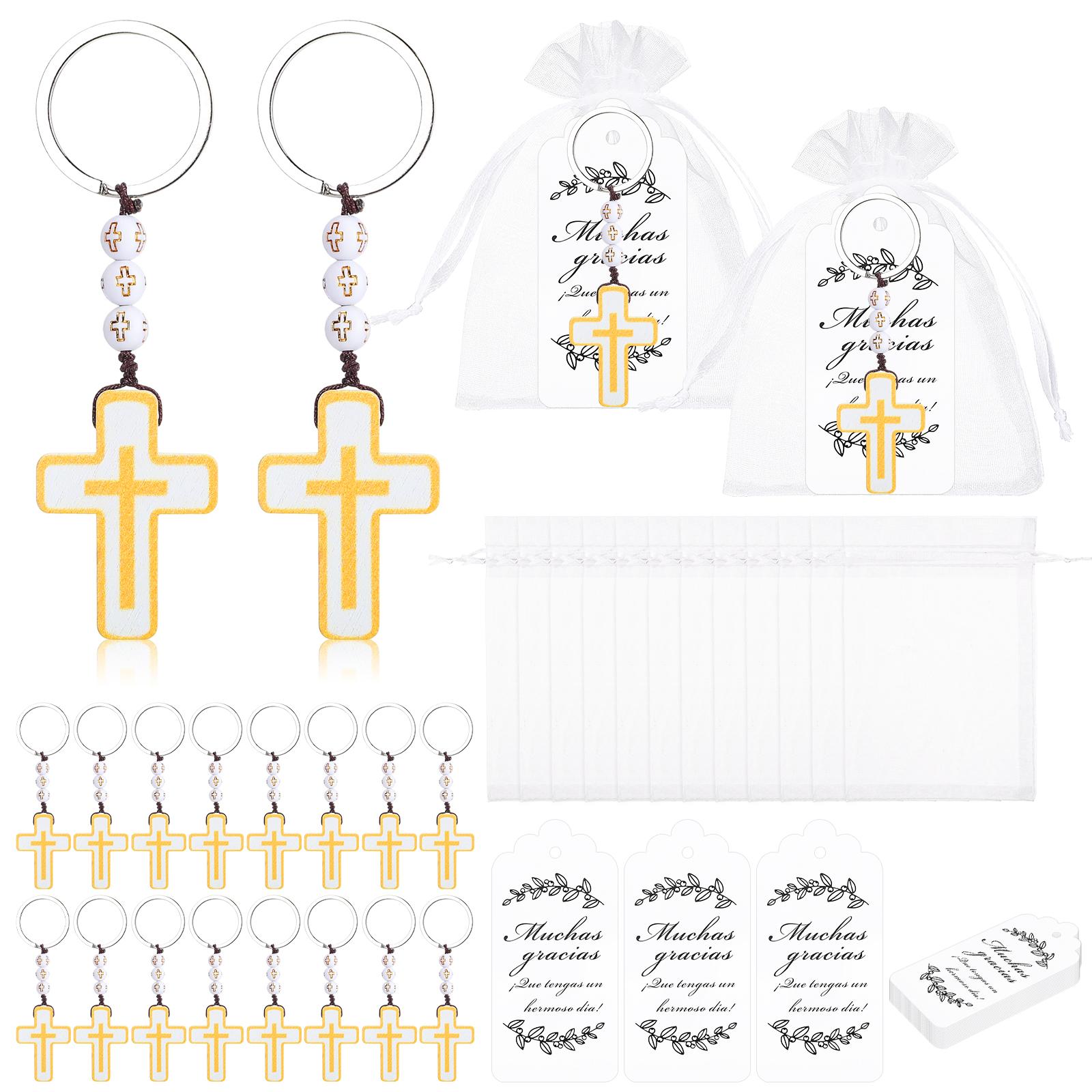 

24 Sets Rosarios Para Recuerdos De Bautizo Rosary Beads With Cross Keychain Organza Bag For Christening Baptism Favors First Hol армія зелений колір