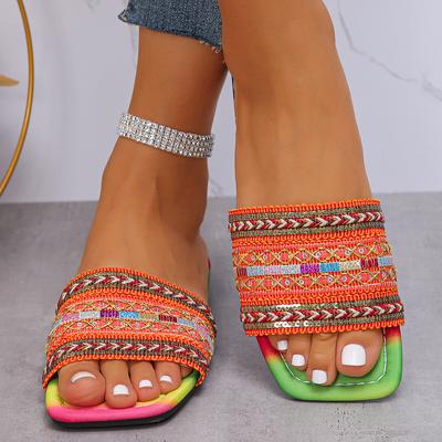 Fashion Fashion Weaving Flat Slippers for Women Bohemian Style Summer Beach Flip Flops Female Colorful Sole Non Slip Outdoot Slides 2024