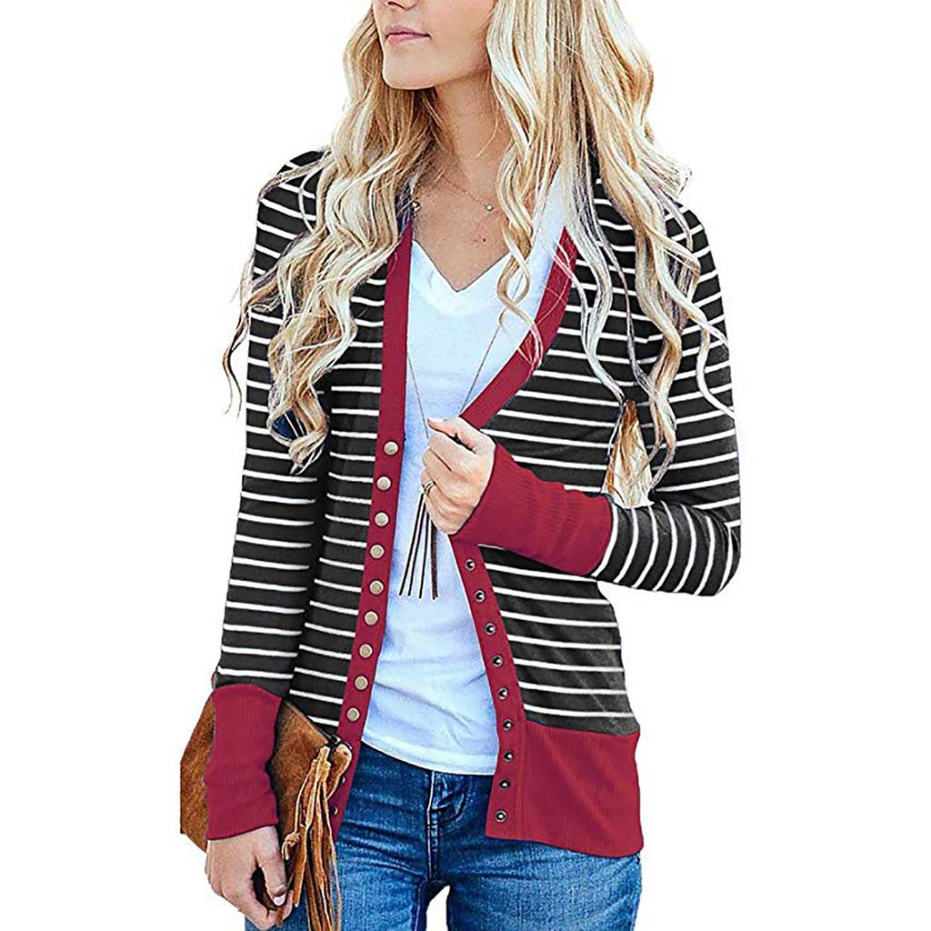 Moda damska Casualowe paski z długimi rękawami Cardigan Jacket Tops