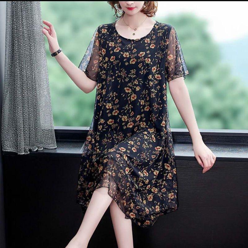 

Middle-aged mother mesh dress summer new large-size women s clothing medium and long loose belly covering and thin skirt 5XL чорний