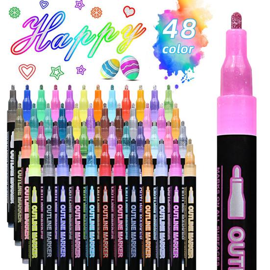 Dual-Tip Metallic Outline Pens Fluorescent Marker with Colorful Borders Smooth Tip Highlighters for Cards Crafts & Notes