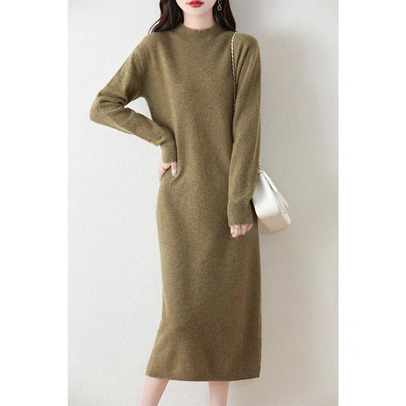 Pullover Casual Half-high Neck Solid Color Long Cashmere Sweater Dress for Women's Autumn and Winter New Knitted Straight Long Skirt