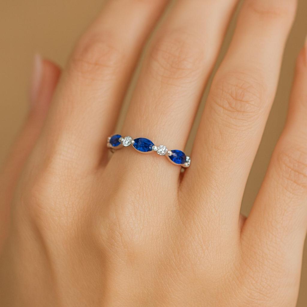 Sapphire & Cubic Zirconia Eternity Band for Women | Full Marquise Cut Wedding Ring | 925 Sterling Silver Anniversary, Engagement, Promise Gift