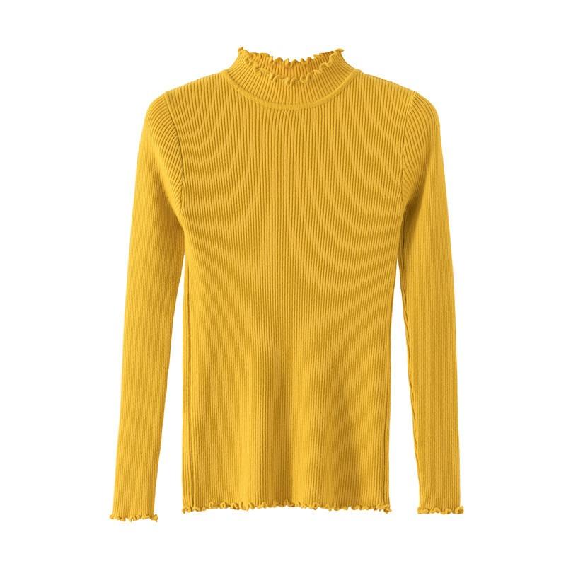 Autumn and winter new solid color pullover fungus edge bottoming knitted sweater women's slim and thin semi-turtleneck sweater women's