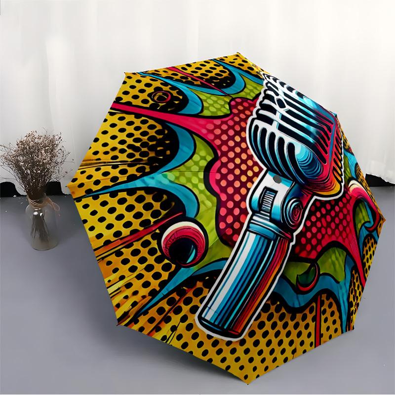 1pc Retro Microphone Automatic Open/Close Umbrella - Portable Collapsible Umbrella with 8-Rib Stability, Fashion Lovers Yy251017150